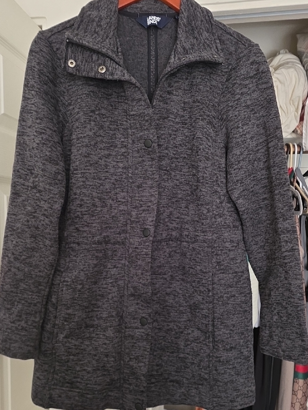 Lands' End Women's Charcoal Gray Zip & Snap Knit Peacoat